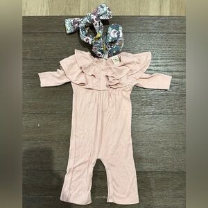 Kate Quinn Blush Ruffled Romper 0-3 Months Booties and Bow Included